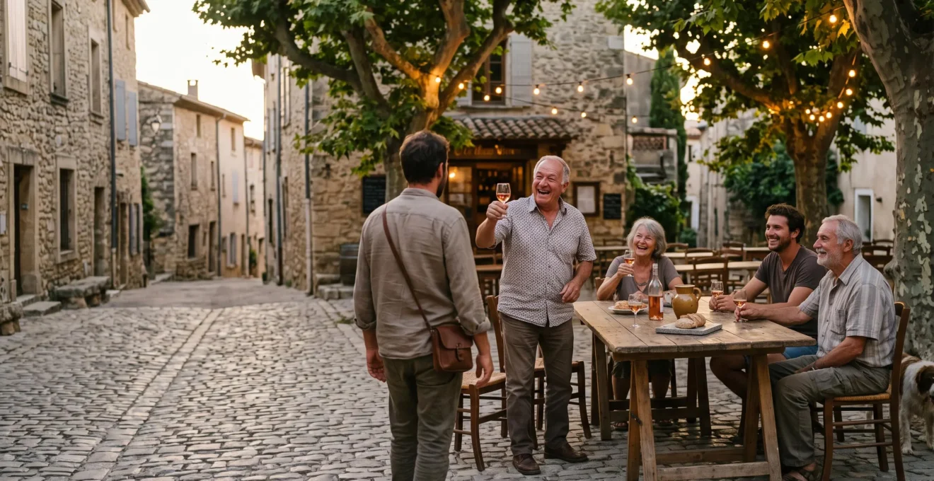 Un visiteur partageant un verre avec des habitants sur la place animee d'un village provencal en fete