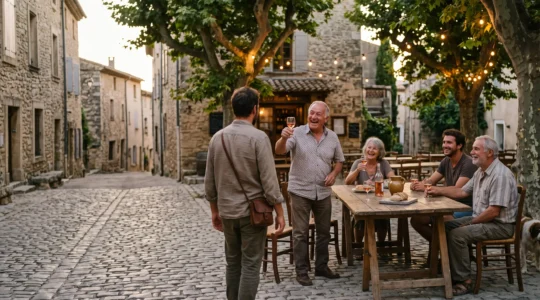 Un visiteur partageant un verre avec des habitants sur la place animee d'un village provencal en fete