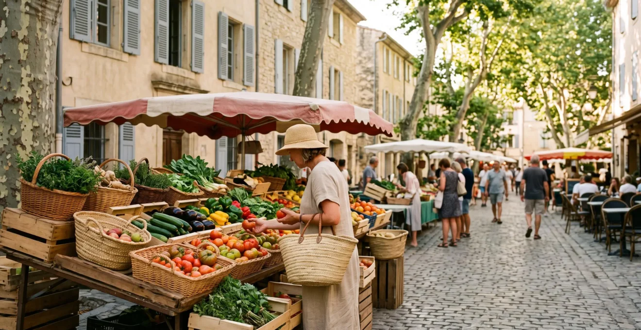 Étal coloré d'un marché provençal traditionnel tôt le matin avec paniers en osier et légumes de saison