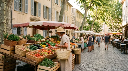 Étal coloré d'un marché provençal traditionnel tôt le matin avec paniers en osier et légumes de saison