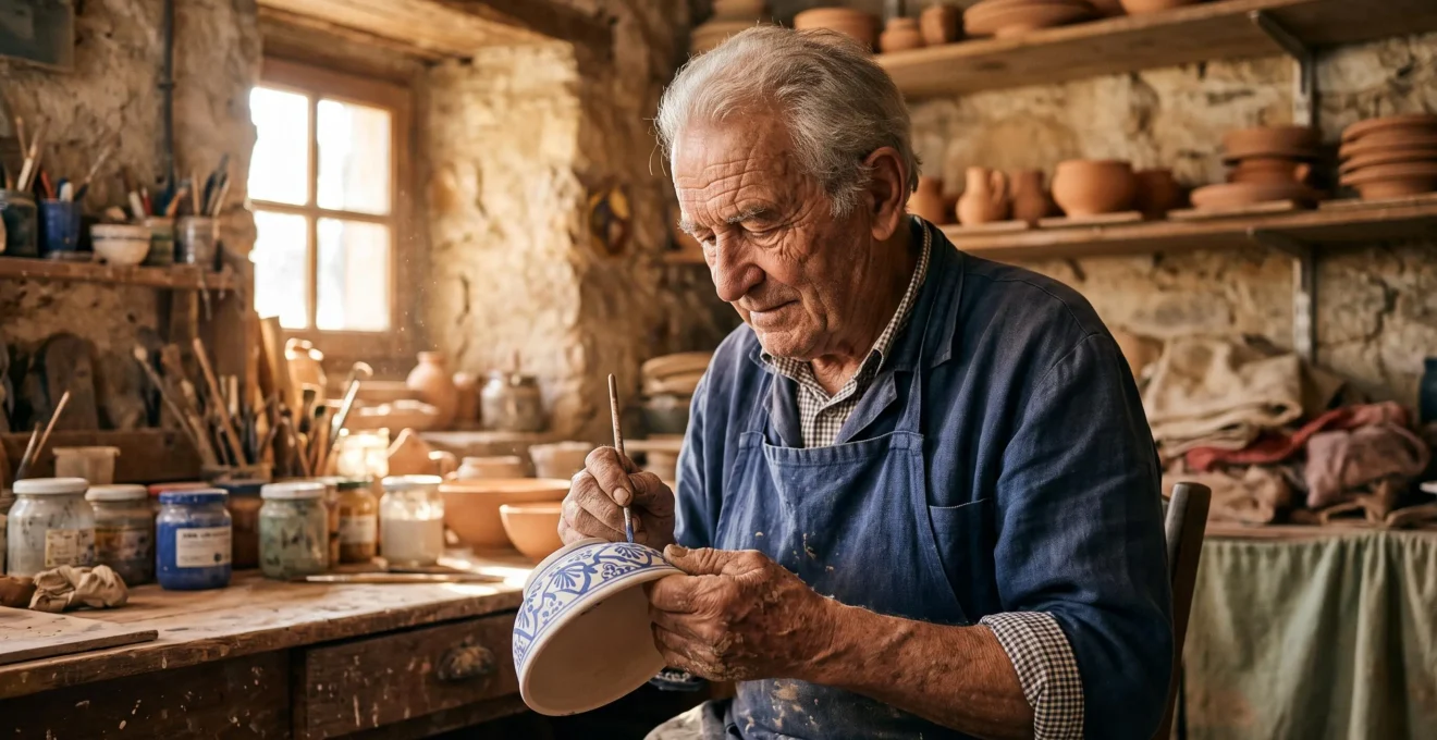 Un artisan provencal age concentre sur un geste ancestral dans son atelier baigne de lumiere naturelle du sud de la France