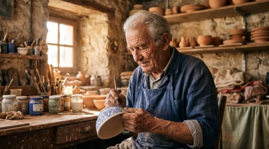 Un artisan provencal age concentre sur un geste ancestral dans son atelier baigne de lumiere naturelle du sud de la France