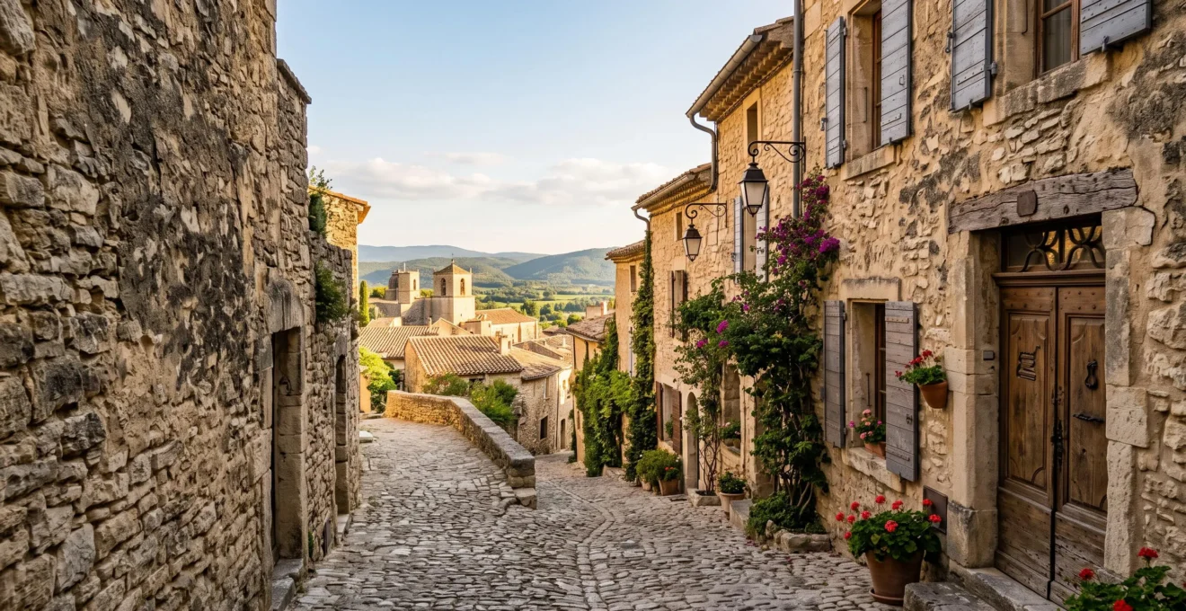 Ruelle médiévale ensoleillée en pierre dans un village perché de Provence-Alpes-Côte d'Azur, révélant les détails architecturaux de la façade