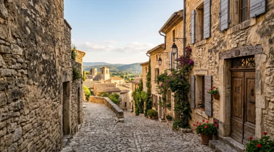 Ruelle médiévale ensoleillée en pierre dans un village perché de Provence-Alpes-Côte d'Azur, révélant les détails architecturaux de la façade
