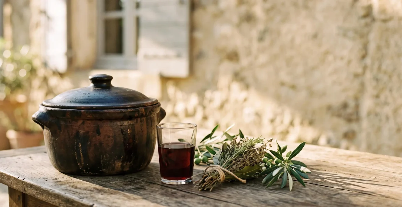 Table rustique provençale avec daubière en terre cuite, verre de vin local et rameau d'olivier, symbole de la cuisine authentique loin des restaurants touristiques