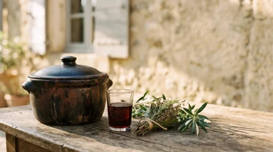 Table rustique provençale avec daubière en terre cuite, verre de vin local et rameau d'olivier, symbole de la cuisine authentique loin des restaurants touristiques