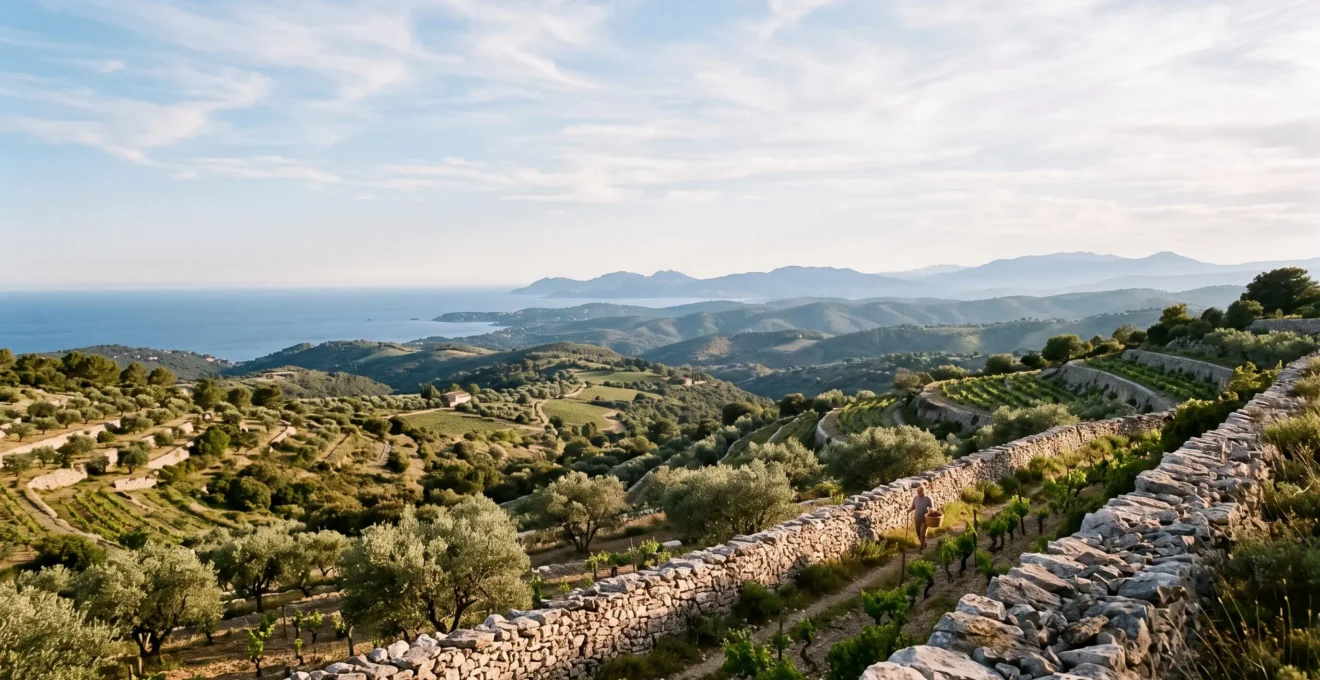 Paysage provencal emblematique melant oliviers centenaires et vignes en restanques face a la mer Mediterranee