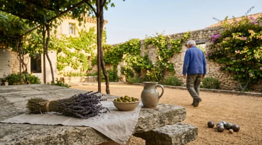 Table en pierre dans une cour de mas provençal avec lavande, olives et boules de pétanque au lever du jour, symbole des traditions vivantes en PACA
