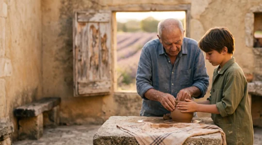 Deux mains, celles d'un artisan âgé et celles d'un jeune apprenti, se croisant autour d'un objet artisanal provençal dans une cour en pierre ensoleillée