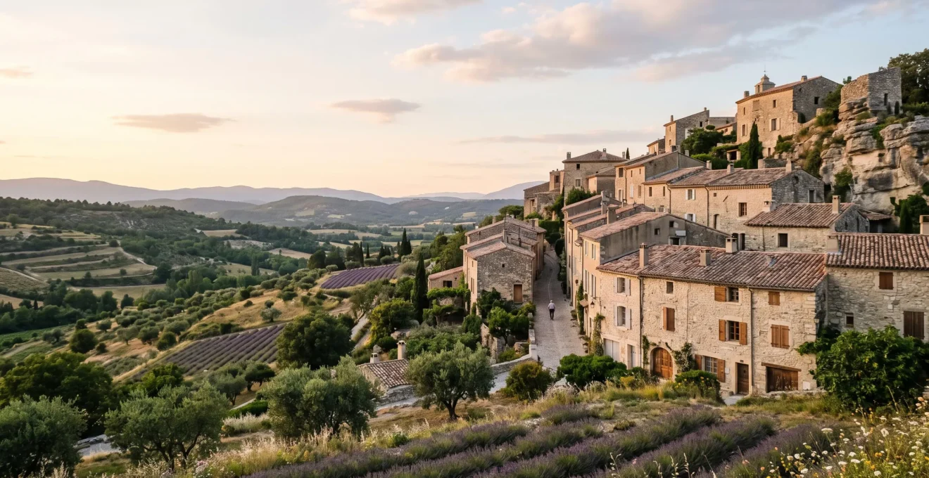 Village perché typique de Provence-Alpes-Côte d'Azur baigné de lumière dorée, loin de l'agitation touristique