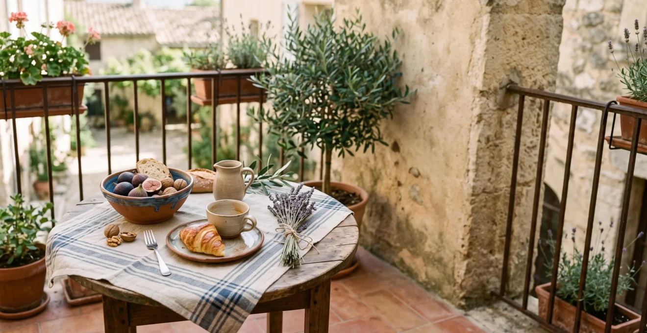 Table dressée en extérieur avec objets provençaux authentiques évoquant l'art de vivre du Sud de la France