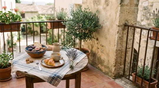 Table dressée en extérieur avec objets provençaux authentiques évoquant l'art de vivre du Sud de la France