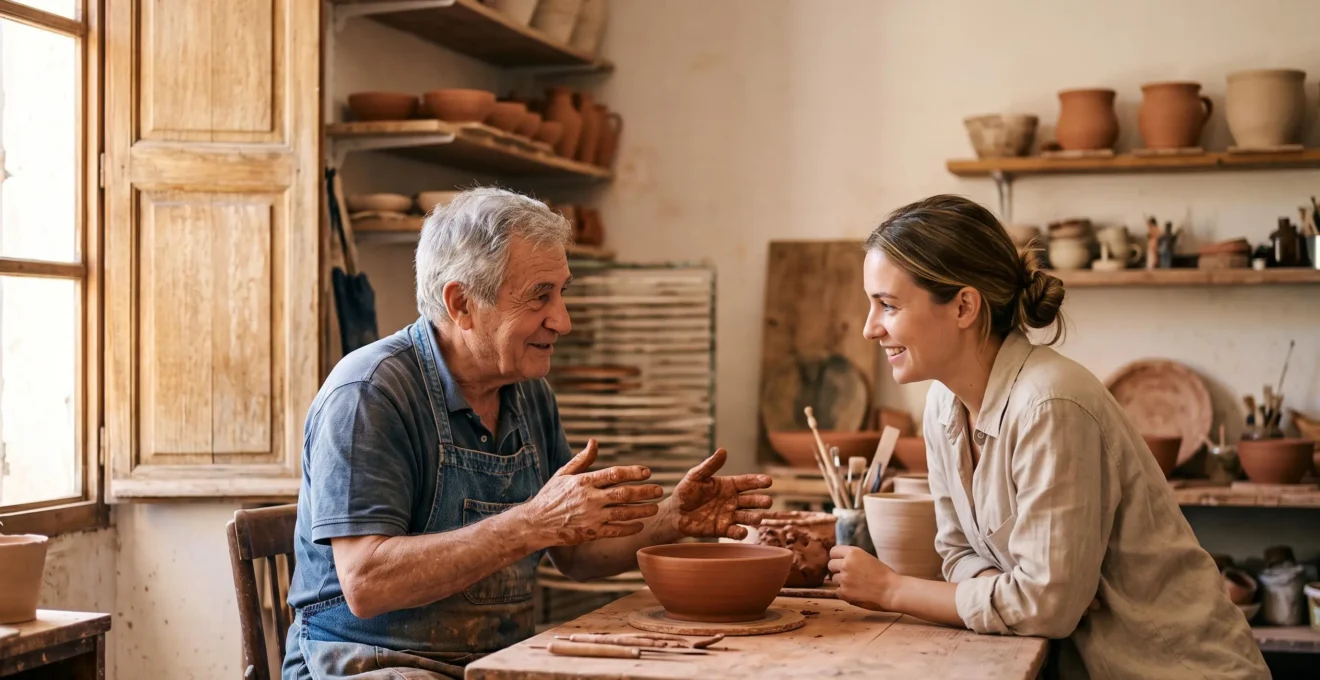 Un artisan provençal partage un moment d'échange authentique avec un visiteur dans son atelier baigné de lumière méditerranéenne