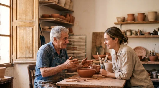 Un artisan provençal partage un moment d'échange authentique avec un visiteur dans son atelier baigné de lumière méditerranéenne