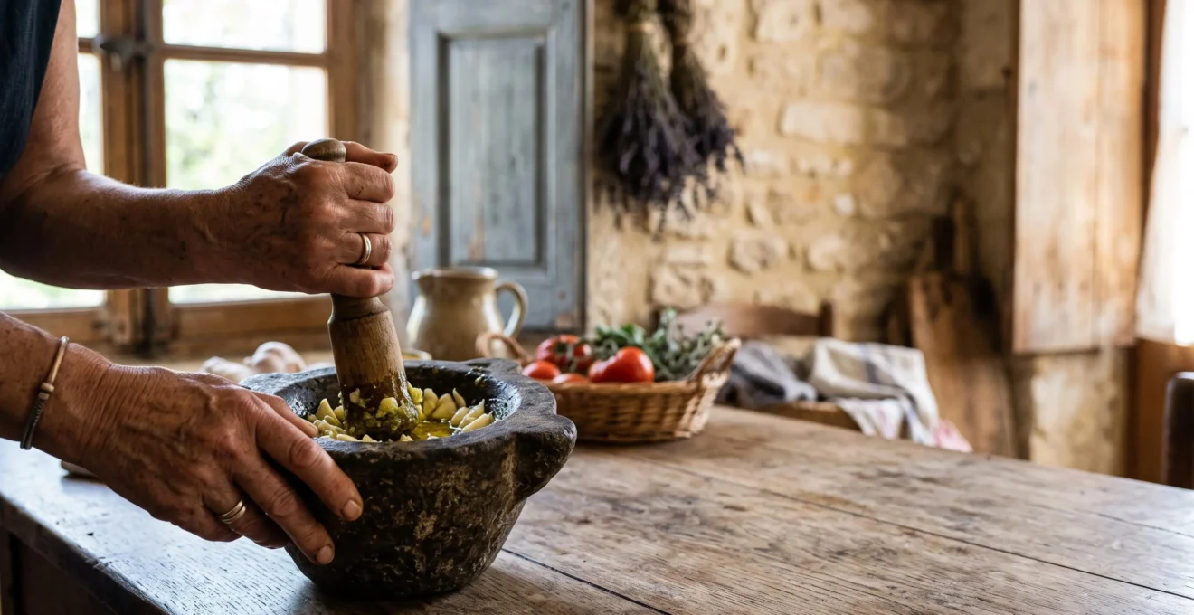 Mains façonnant une préparation provençale au mortier dans une cuisine baignée de lumière méditerranéenne