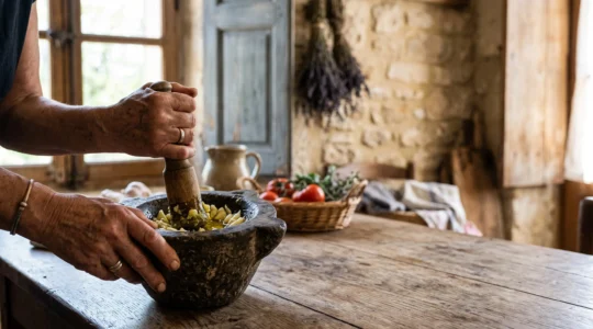 Mains façonnant une préparation provençale au mortier dans une cuisine baignée de lumière méditerranéenne