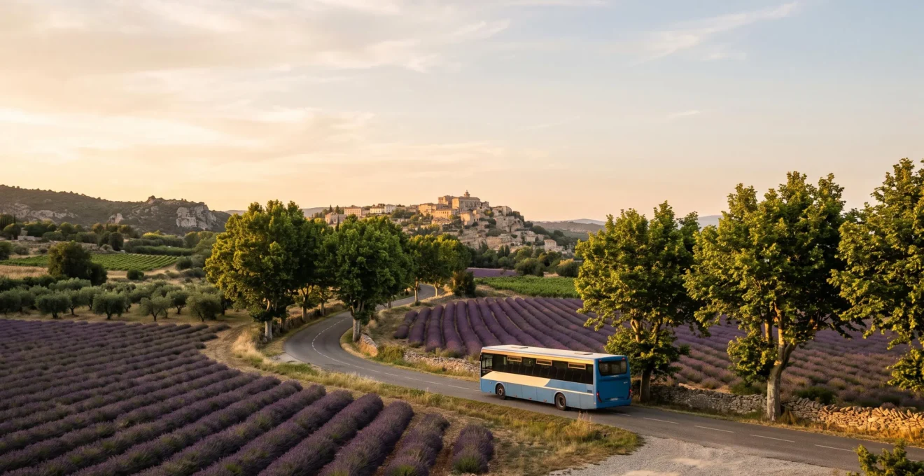 Bus régional traversant une route de campagne provençale bordée de platanes en direction d'un village perché