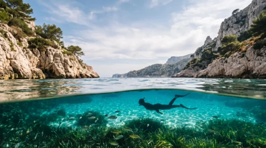 Vue panoramique d'une calanque de la Méditerranée en PACA avec une eau turquoise cristalline laissant deviner la vie sous-marine