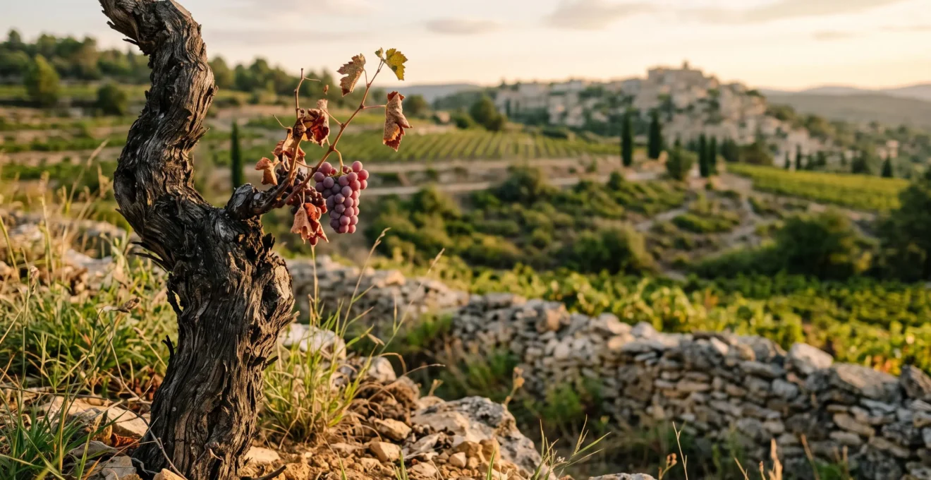 Grappe de raisin ancien sur un cep noueux dominant un paysage de vignes provençales au coucher du soleil