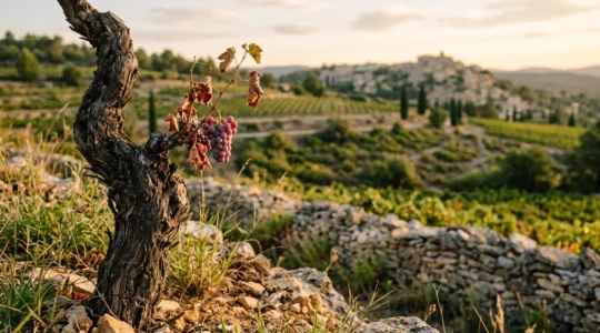 Grappe de raisin ancien sur un cep noueux dominant un paysage de vignes provençales au coucher du soleil