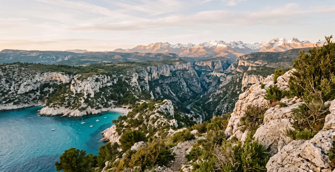 Vue panoramique montrant en une seule composition la mer Mediterranee, des gorges calcaires et des sommets alpins typiques de la region PACA