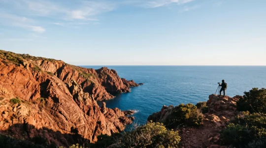 Falaises de rhyolite rouge du massif de l'Estérel plongeant dans une mer Méditerranée d'un bleu profond, sous une lumière de fin de journée.
