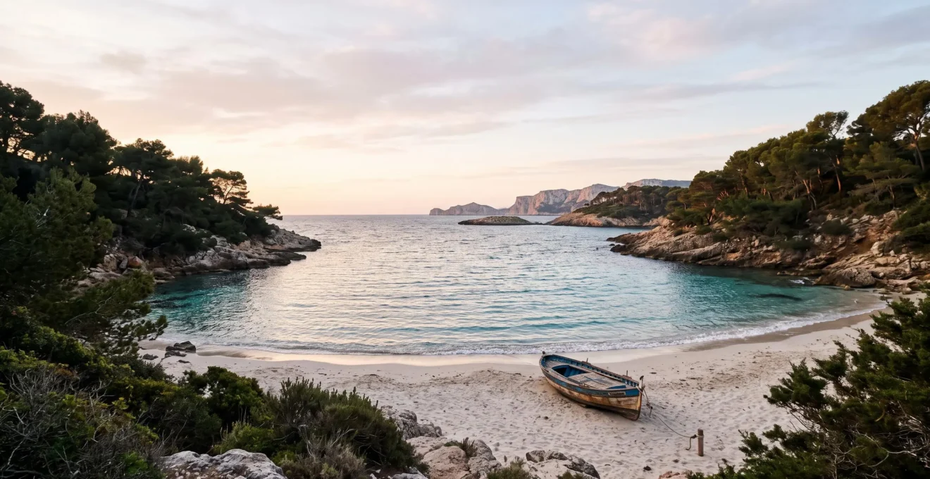 Crique sauvage et boisée de Porquerolles baignée par la lumière dorée du matin, loin des plages touristiques