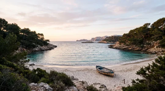 Crique sauvage et boisée de Porquerolles baignée par la lumière dorée du matin, loin des plages touristiques