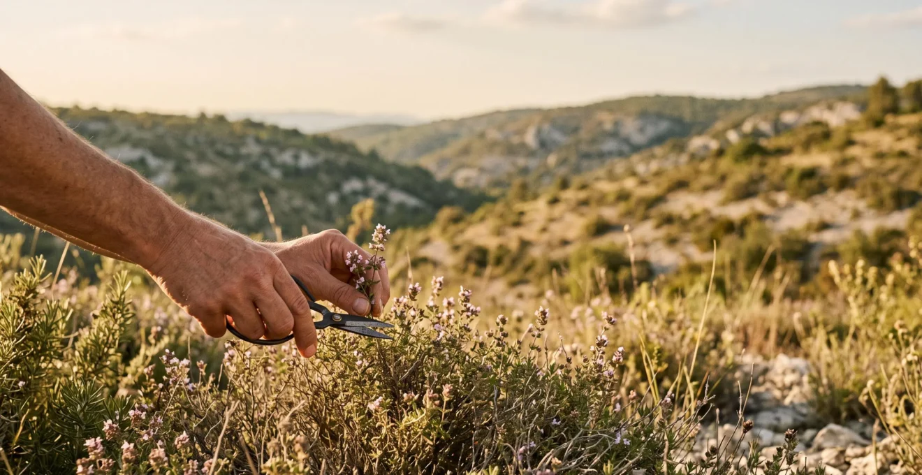 Main tenant délicatement une branche de thym sauvage dans la garrigue provençale au coucher du soleil