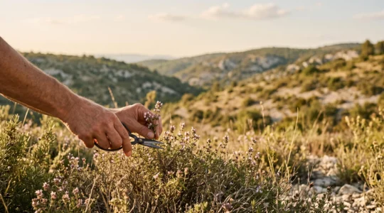 Main tenant délicatement une branche de thym sauvage dans la garrigue provençale au coucher du soleil
