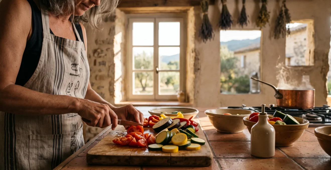 Cuisiniere provençale préparant une ratatouille et des petits farcis dans une cuisine baignée de lumière du sud