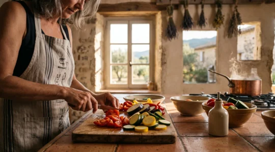 Cuisiniere provençale préparant une ratatouille et des petits farcis dans une cuisine baignée de lumière du sud