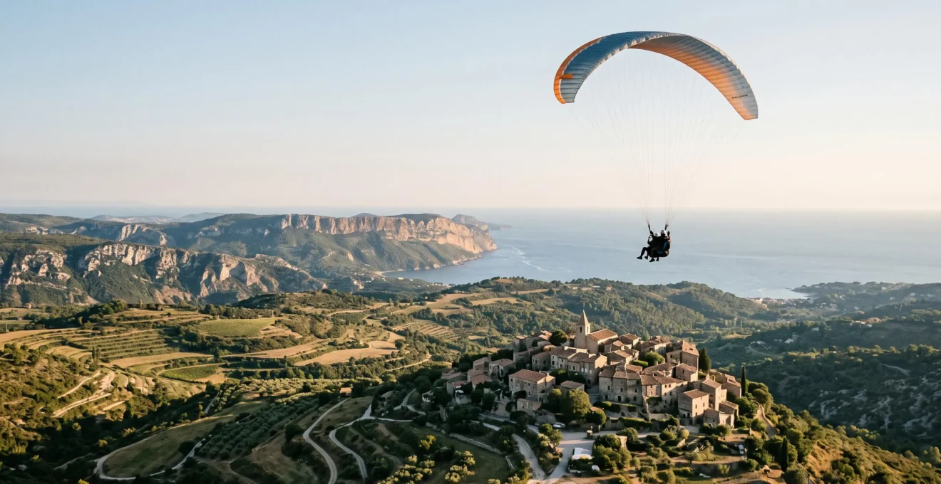 Vol en parapente biplace au-dessus d'un village perché de Provence avec vue sur la Méditerranée