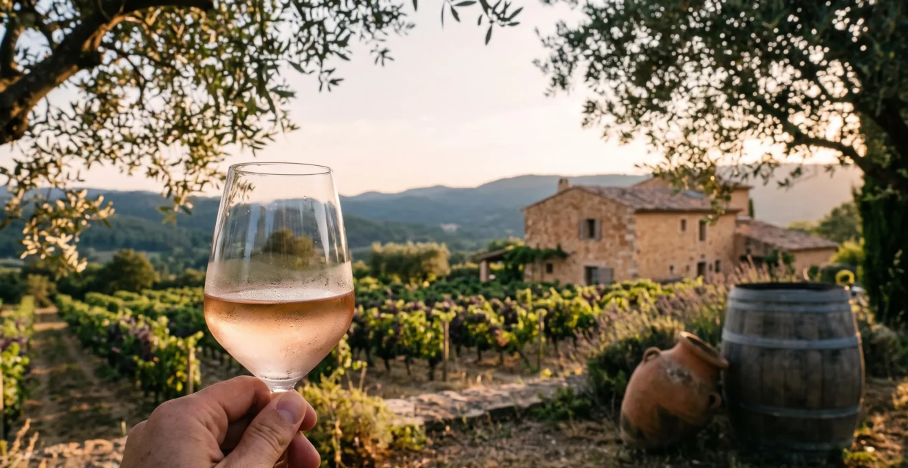 Verre de vin rosé tenu à la main devant des rangées de vignes provençales baignées de lumière dorée