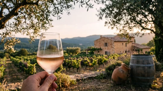 Verre de vin rosé tenu à la main devant des rangées de vignes provençales baignées de lumière dorée