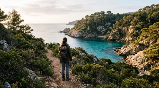 Visiteur silencieux observant respectueusement la nature preservee de l'ile de Port-Cros au lever du jour