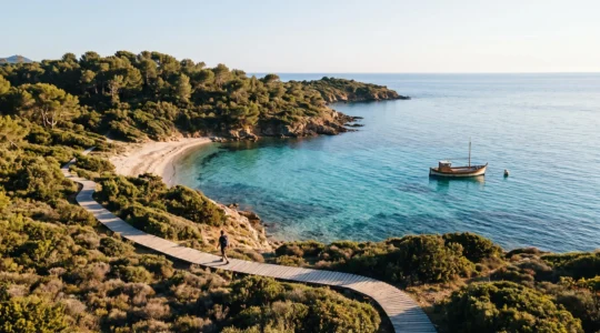 Vue aérienne d'une crique préservée des îles d'Hyères avec eaux turquoise et pins parasols, symbole d'un tourisme respectueux en Méditerranée