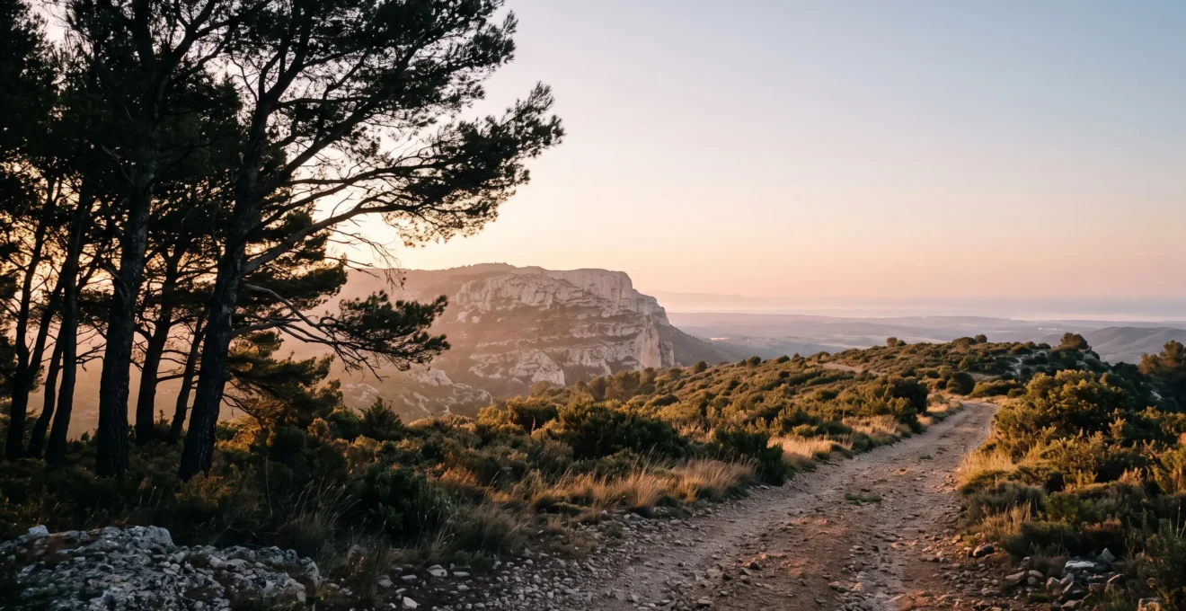 Panorama d'un lever de soleil embrasant la garrigue et les crêtes calcaires de Provence, vue large avec espace négatif
