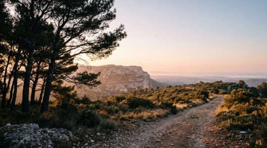 Panorama d'un lever de soleil embrasant la garrigue et les crêtes calcaires de Provence, vue large avec espace négatif