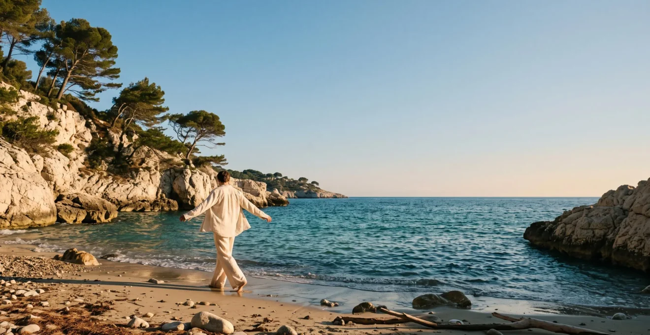 Personne marchant sereinement sur une plage de la Côte d'Azur au soleil couchant, illustrant les bienfaits du climat méditerranéen sur la santé