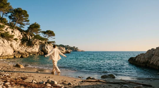 Personne marchant sereinement sur une plage de la Côte d'Azur au soleil couchant, illustrant les bienfaits du climat méditerranéen sur la santé
