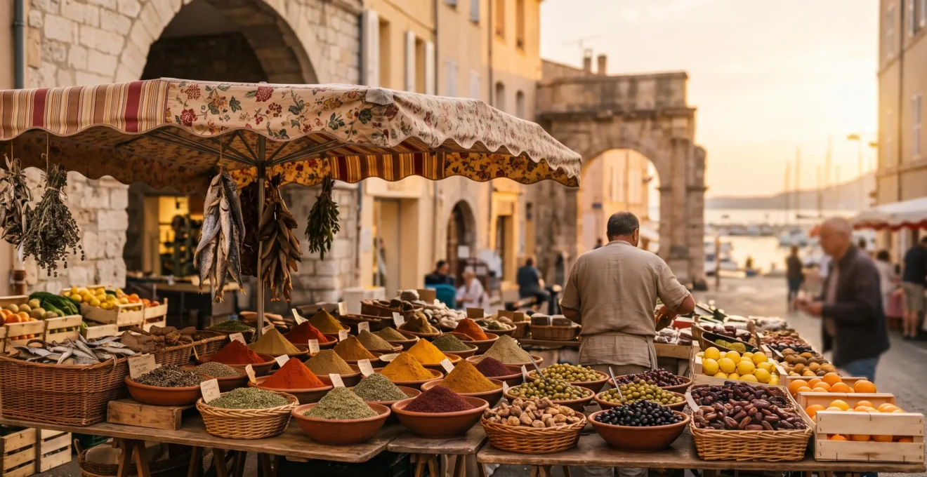 Étal de marché provençal mêlant épices maghrébines, olives niçoises et charcuterie méditerranéenne, symbole des influences croisées de la cuisine en PACA