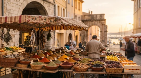 Étal de marché provençal mêlant épices maghrébines, olives niçoises et charcuterie méditerranéenne, symbole des influences croisées de la cuisine en PACA