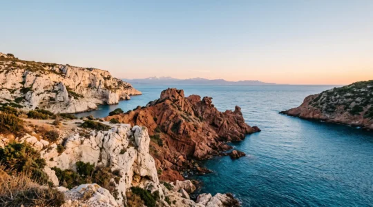 Vue panoramique montrant la juxtaposition des paysages contrastés de la region PACA, entre falaises calcaires blanches, roches rouges et relief alpin plongeant vers la mer