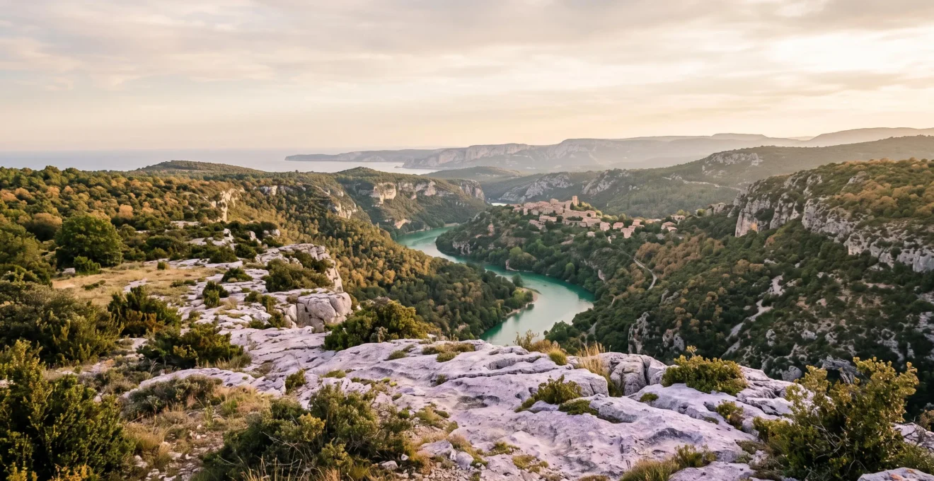Vue panoramique editoriale melant gorges calcaires, champ de lavande et littoral mediterraneen symbolisant la diversite de la region PACA