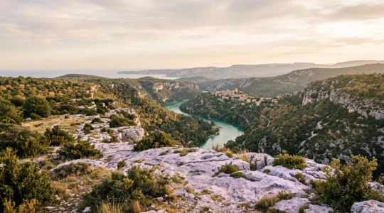 Vue panoramique editoriale melant gorges calcaires, champ de lavande et littoral mediterraneen symbolisant la diversite de la region PACA
