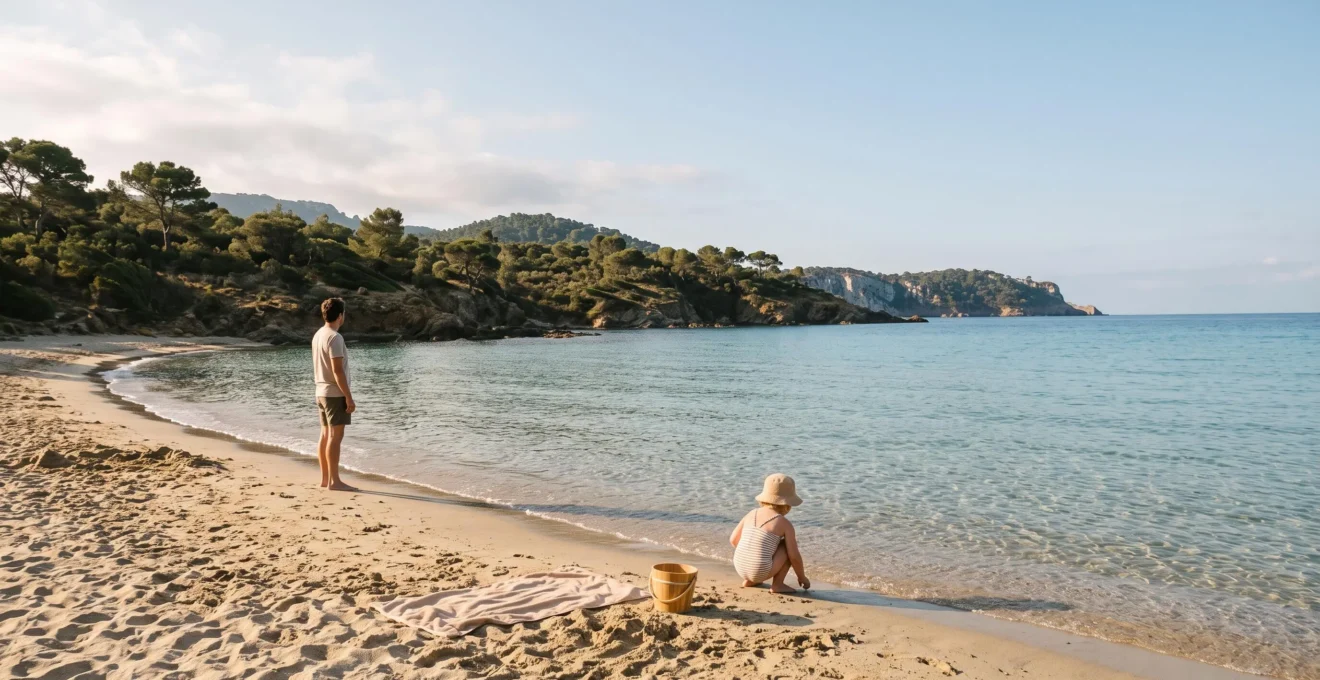 Vue large d'une plage de sable calme en Provence-Alpes-Cote d'Azur avec un enfant qui joue au bord d'une eau peu profonde
