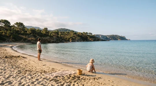 Vue large d'une plage de sable calme en Provence-Alpes-Cote d'Azur avec un enfant qui joue au bord d'une eau peu profonde