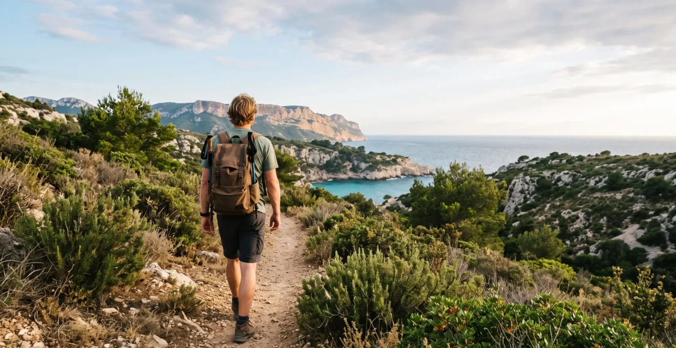 Un voyageur marche respectueusement sur un sentier côtier au milieu de la garrigue et des pins face à la mer Méditerranée en Provence-Alpes-Côte d'Azur