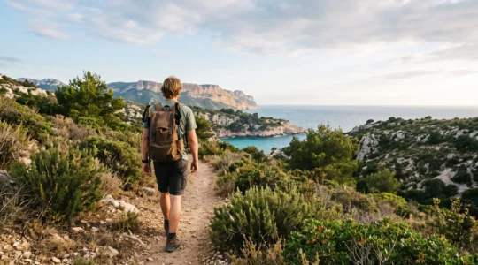 Un voyageur marche respectueusement sur un sentier côtier au milieu de la garrigue et des pins face à la mer Méditerranée en Provence-Alpes-Côte d'Azur